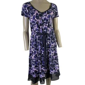 Simply Vera Wang Short Sleeve Tie Waist Shirt Dress Size L Purple Abstract